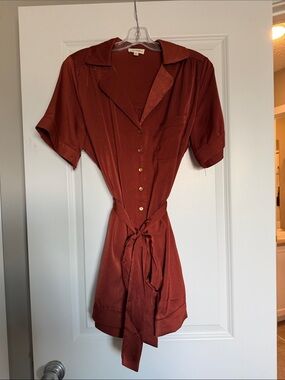 Rust Button-Front Short Sleeve Jumpsuit with Tie Waist and Pockets